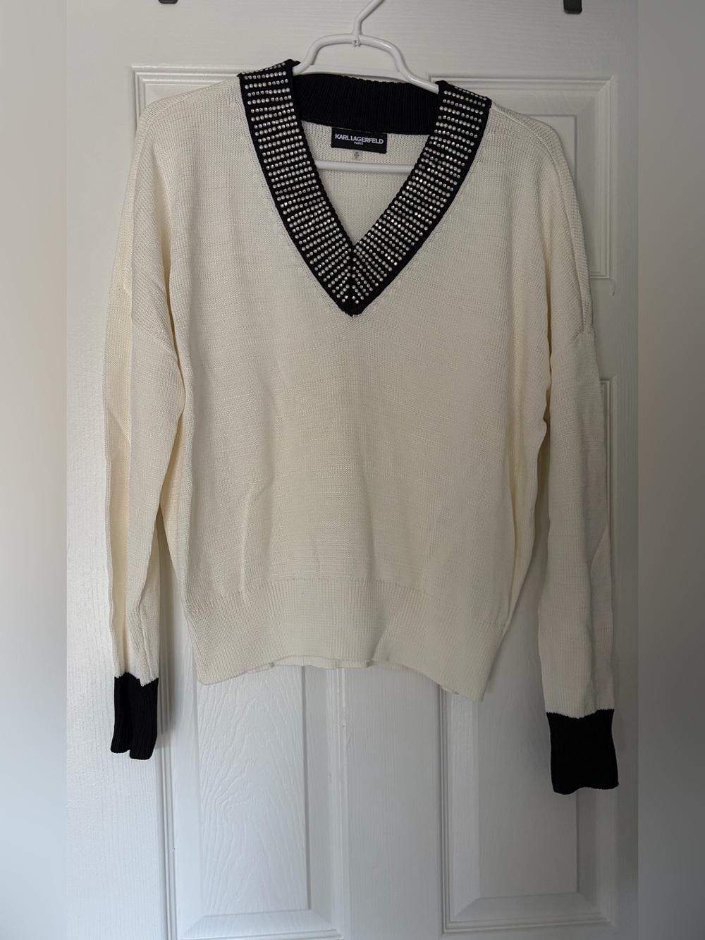 Karl Lagerfeld White Sweater with Black Studded V-Neck